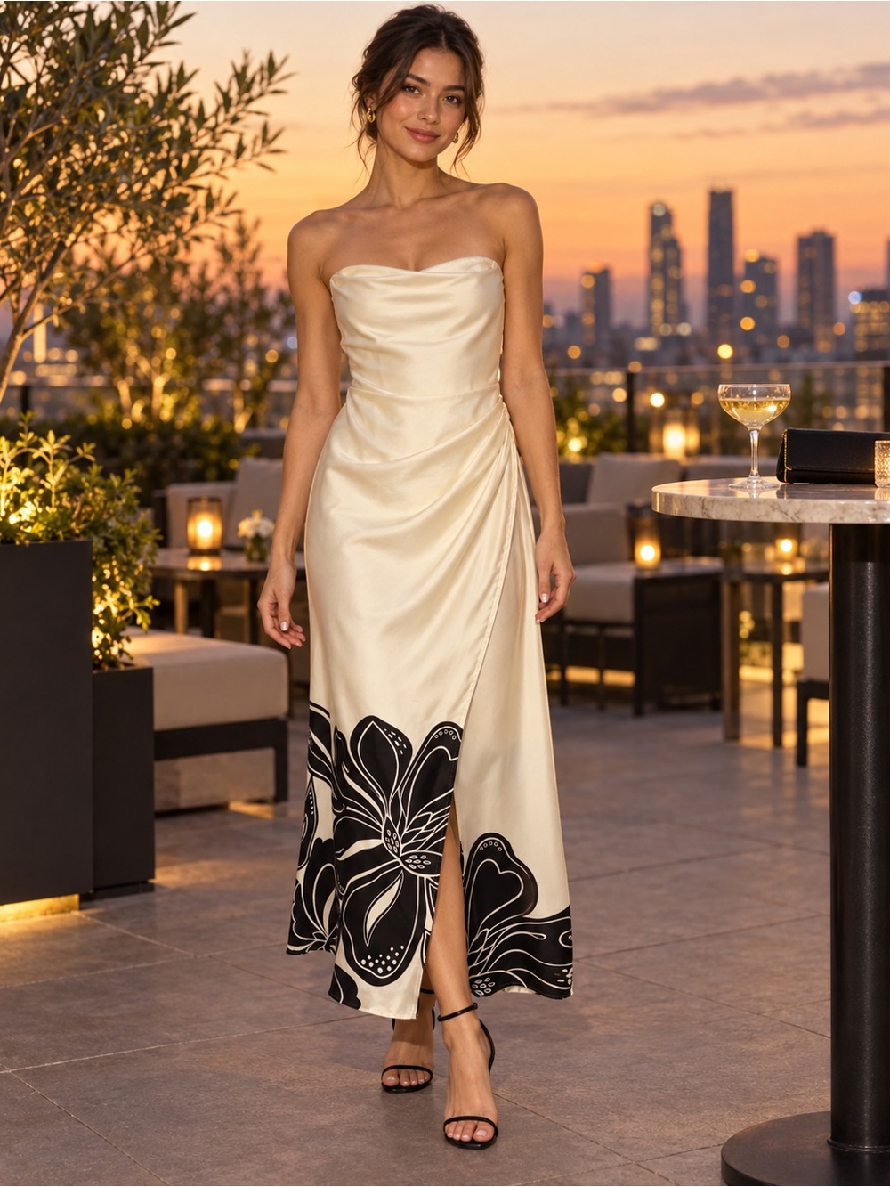 House of Harlow 1960 Arlo Strapless Floral Satin Maxi Dress Ivory Black XS